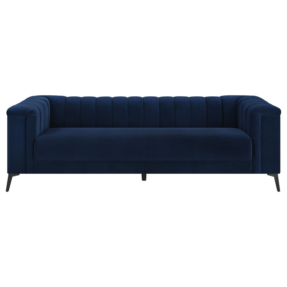 English Elm Darci Navy Blue Velvet Tuxedo Arm Living Room Set – Modern Sofa & Loveseat For Stylish Comfort B062S01162