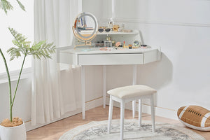 English Elm Modern Corner Makeup Vanity Desk with 360° Rotating LED Mirror, Drawer, Cabinet & Cushioned Stool N844P263664A