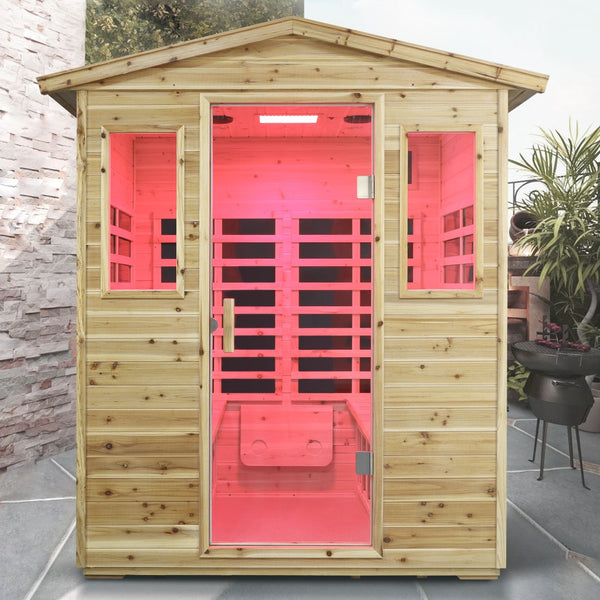 English Elm Four Person Outdoor Infrared Sauna with Solid Fir Wood Bluetooth Audio Low Emf Panels W632S00032