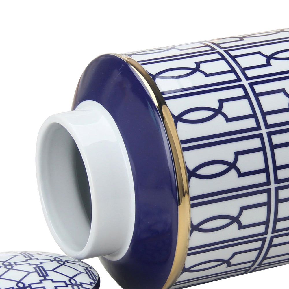 English Elm Elegant White Ceramic Ginger Jars Set With Blue Geometric Pattern - Versatile Decor & Storage Solution B030S00081