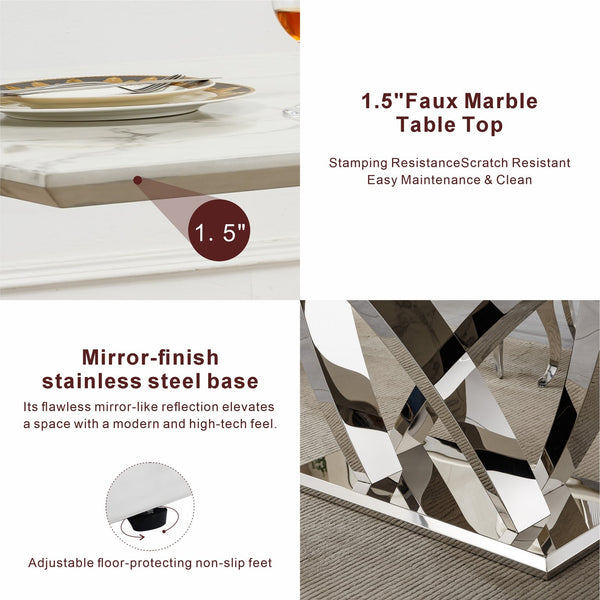 English Elm Marble Dining Table For 6-8 People, Modern Rectangle Faux Marble Top With Stylish Stainless Steel Base W3456S00050