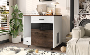 English Elm Cat Hidden Litter Box Furniture with 2 Drawers & Door, MDF Cat House End Table for Living Room, White/Brown N704P287849D