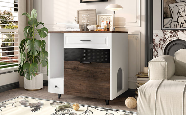 English Elm Cat Hidden Litter Box Furniture with 2 Drawers & Door, MDF Cat House End Table for Living Room, White/Brown N704P287849D