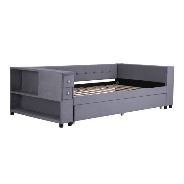 English Elm Twin Upholstered Bed with Trundle and Storage Drawers, USB Ports, French Velvet Luxurious Feel Gray SF000184AAE