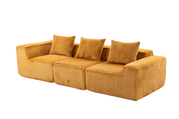 HomeRoots 111" Gold Corduroy Modular Sofa – Luxurious Ribbed Design with Compression Foam & Toss Pillows 638096