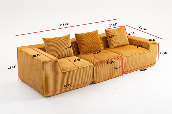 HomeRoots 111" Gold Corduroy Modular Sofa – Luxurious Ribbed Design with Compression Foam & Toss Pillows 638096