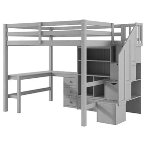 English Elm Full Full Size Loft Bed with L-Shaped Desk, Drawers, Cabinet and Staircase Storage for Space-Saving Rooms Gray GX000469AAE