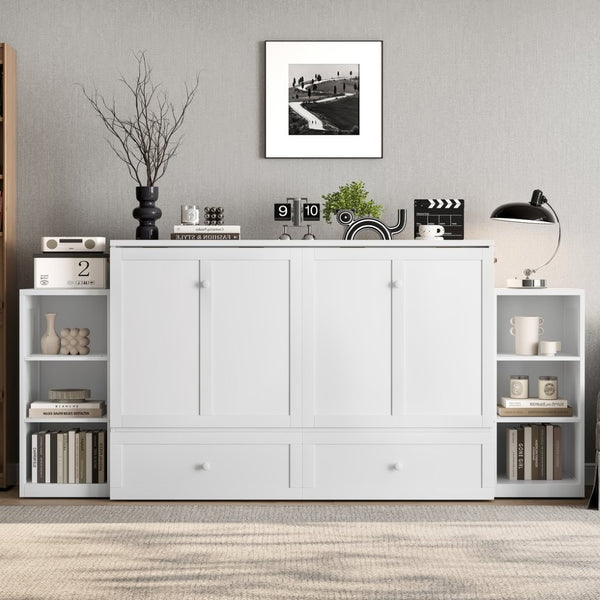 English Elm Queen Murphy Wall Bed with Open Shelves and Drawers for Guest or Office Rooms White W5316S00007