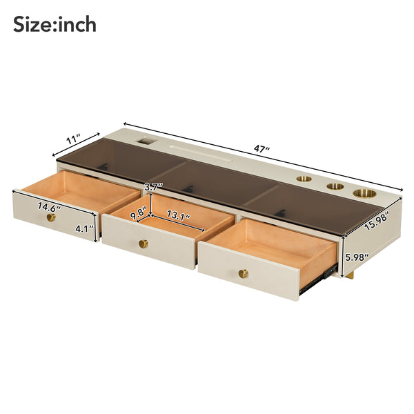 English Elm GO 47" Floating Shelf with Drawer — Sleek Wall-Mounted Vanity Table Desk, MDF+Iron+Glass, 100LB Capacity N704P328589K