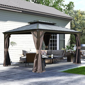 English Elm 13x13ft Hardtop Gazebo Galvanized Steel Vented Double Roof with Curtains Netting Patio Brown W1859S00200