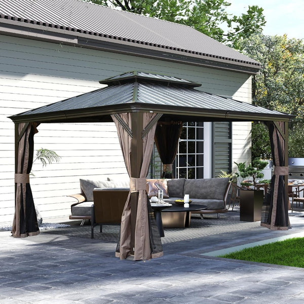 English Elm 13x13ft Hardtop Gazebo Galvanized Steel Vented Double Roof with Curtains Netting Patio Brown W1859S00200