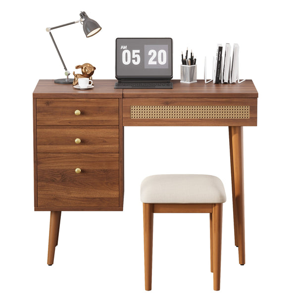 English Elm 39" Retro Bohemian Vanity Desk with Flip-Top Mirror & LED Lights, Rattan Drawers, 3-Drawer Storage, Walnut Finish N733P361800D