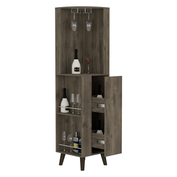 English Elm Cincinatti Corner Bar Cabinet with Cup Rack, Two External Shelves, Drawer & 17.72" Top Shelf, Dark Brown B200S00176