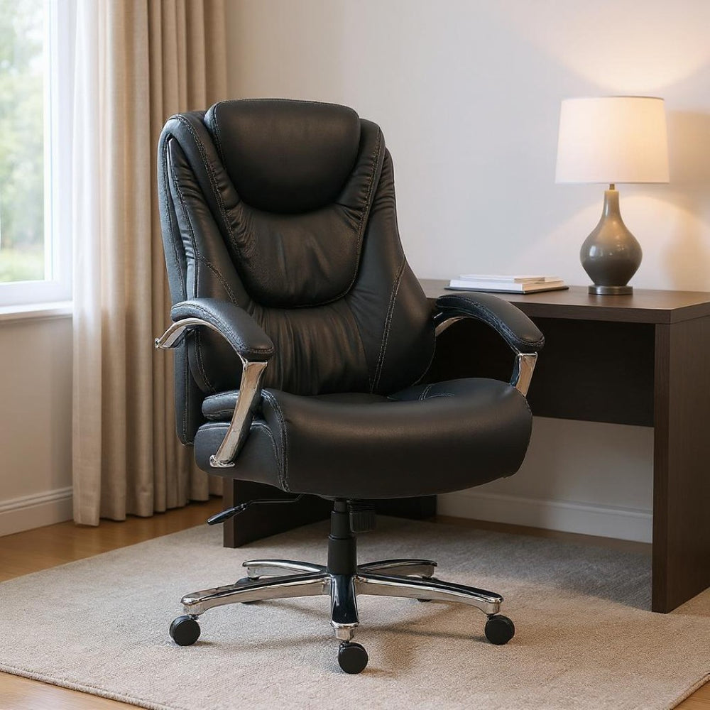 HomeRoots Set of Two Adjustable Height Swivel Rolling Office Chairs - Ergonomic Black & Silver Design 638362