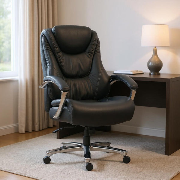 HomeRoots Set of Two Adjustable Height Swivel Rolling Office Chairs - Ergonomic Black & Silver Design 638362