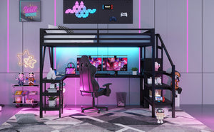 English Elm Metal Queen Loft Bed with L Shaped Desk Wardrobe Rgb Lighting and Usb Charging W2593S00065