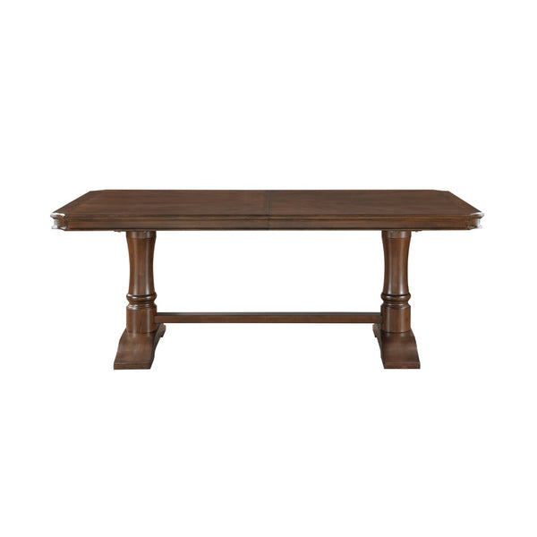 English Elm Formal Cherry Trestle Dining Set with Nailhead Chairs and Self Storing Extension Leaf B011S01372
