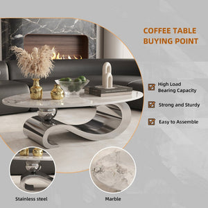 English Elm Silver Sintered Stone Top Coffee Table with Mirrored Steel Pedestal for Modern Living W3985S00018