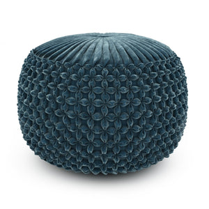 HomeRoots 20" Plush Blue Velvet Round Pouf Ottoman - Stylish Multi-Functional Accent for Modern Interiors 638502