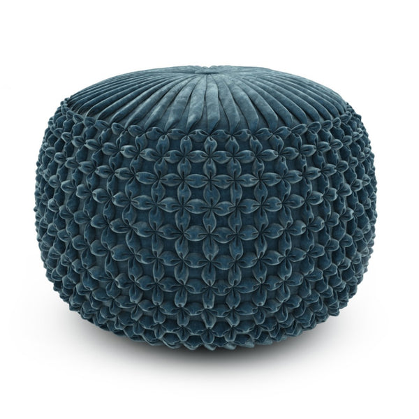 HomeRoots 20" Plush Blue Velvet Round Pouf Ottoman - Stylish Multi-Functional Accent for Modern Interiors 638502