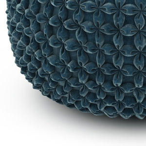 HomeRoots 20" Plush Blue Velvet Round Pouf Ottoman - Stylish Multi-Functional Accent for Modern Interiors 638502