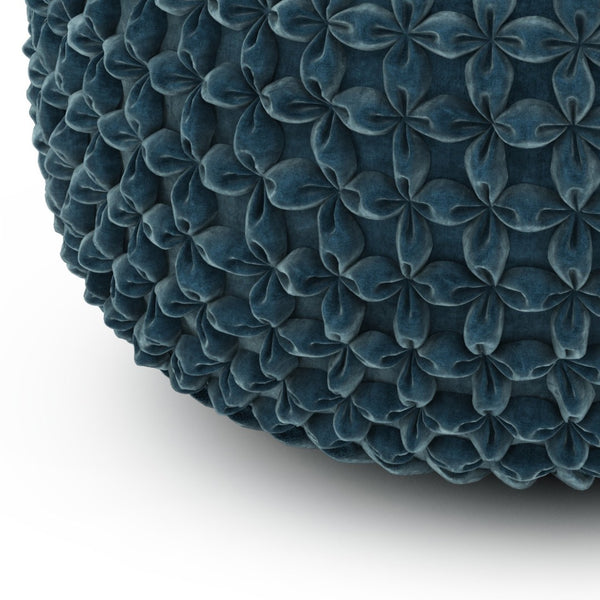 HomeRoots 20" Plush Blue Velvet Round Pouf Ottoman - Stylish Multi-Functional Accent for Modern Interiors 638502