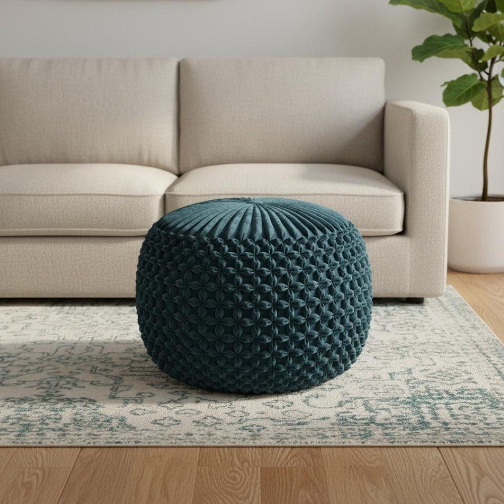 HomeRoots 20" Plush Blue Velvet Round Pouf Ottoman - Stylish Multi-Functional Accent for Modern Interiors 638502