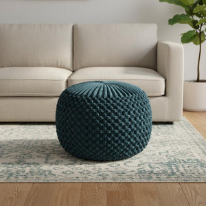 HomeRoots 20" Plush Blue Velvet Round Pouf Ottoman - Stylish Multi-Functional Accent for Modern Interiors 638502