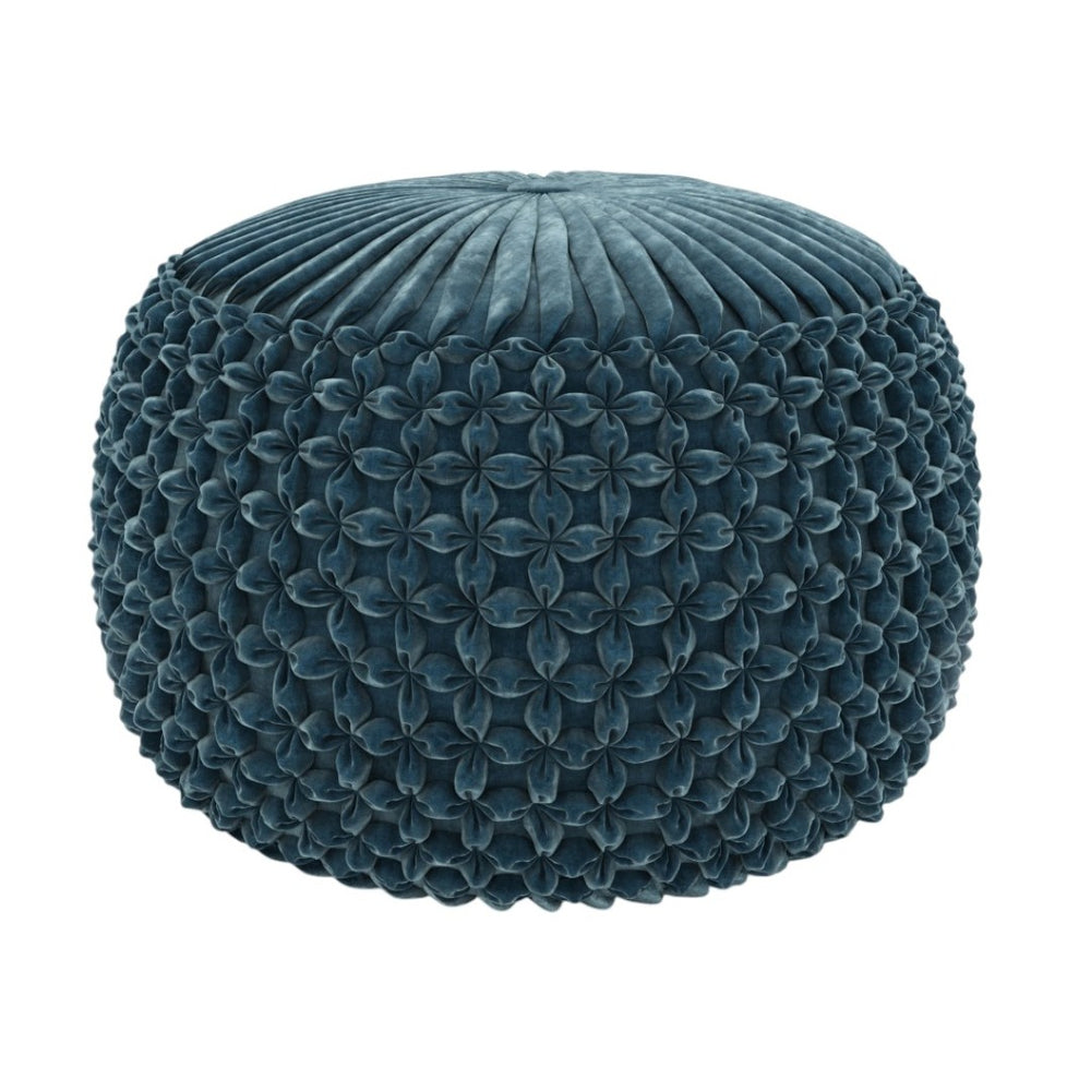HomeRoots 20" Plush Blue Velvet Round Pouf Ottoman - Stylish Multi-Functional Accent for Modern Interiors 638502