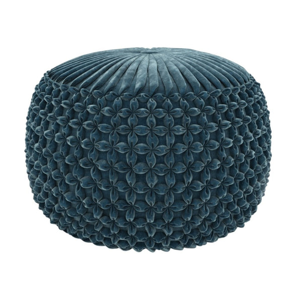 HomeRoots 20" Plush Blue Velvet Round Pouf Ottoman - Stylish Multi-Functional Accent for Modern Interiors 638502