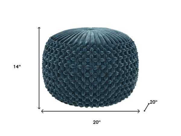 HomeRoots 20" Plush Blue Velvet Round Pouf Ottoman - Stylish Multi-Functional Accent for Modern Interiors 638502