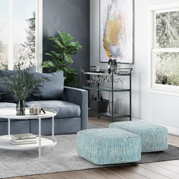 HomeRoots 20" Blue Cotton Pouf Ottoman - Versatile Accent Seat & Cozy Footrest for Any Modern Living Space 638503