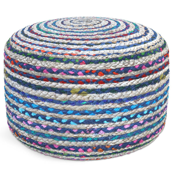 HomeRoots 20" Blue Jute Round Pouf Ottoman - Stylish Modern Boho Footrest, Extra Seat & Casual Tabletop Accent 638504
