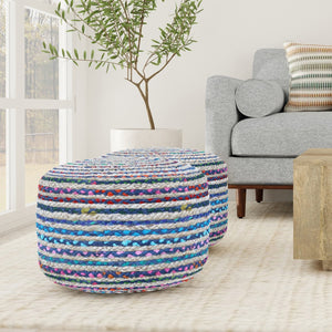 HomeRoots 20" Blue Jute Round Pouf Ottoman - Stylish Modern Boho Footrest, Extra Seat & Casual Tabletop Accent 638504