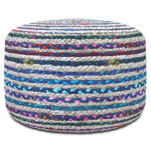 HomeRoots 20" Blue Jute Round Pouf Ottoman - Stylish Modern Boho Footrest, Extra Seat & Casual Tabletop Accent 638504