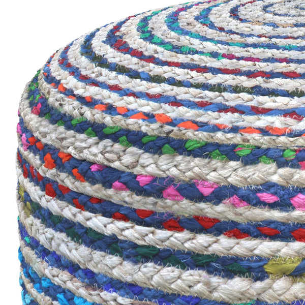 HomeRoots 20" Blue Jute Round Pouf Ottoman - Stylish Modern Boho Footrest, Extra Seat & Casual Tabletop Accent 638504