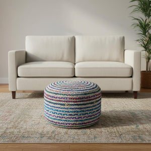 HomeRoots 20" Blue Jute Round Pouf Ottoman - Stylish Modern Boho Footrest, Extra Seat & Casual Tabletop Accent 638504
