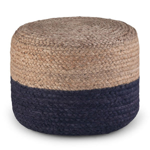 HomeRoots 18" Blue Jute Round Pouf Ottoman - Stylish, Multi-Functional Coastal Accent for Living Spaces & More 638505