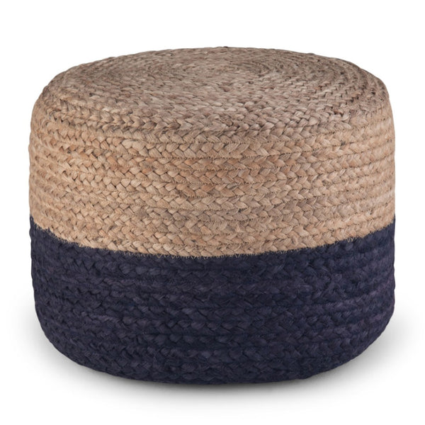 HomeRoots 18" Blue Jute Round Pouf Ottoman - Stylish, Multi-Functional Coastal Accent for Living Spaces & More 638505