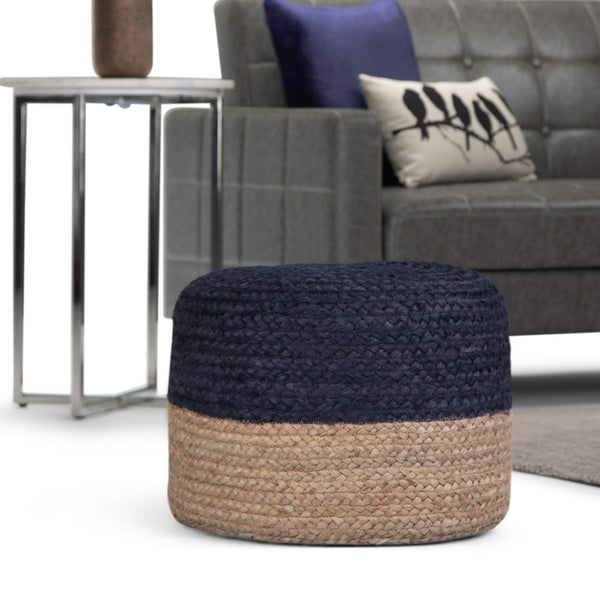 HomeRoots 18" Blue Jute Round Pouf Ottoman - Stylish, Multi-Functional Coastal Accent for Living Spaces & More 638505