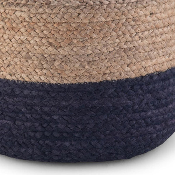 HomeRoots 18" Blue Jute Round Pouf Ottoman - Stylish, Multi-Functional Coastal Accent for Living Spaces & More 638505