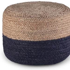 HomeRoots 18" Blue Jute Round Pouf Ottoman - Stylish, Multi-Functional Coastal Accent for Living Spaces & More 638505