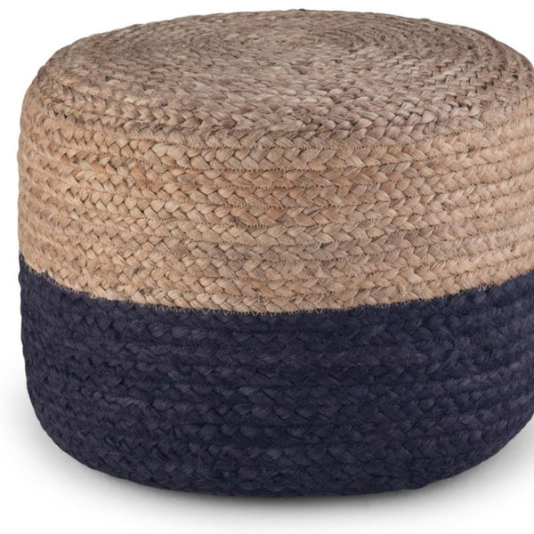 HomeRoots 18" Blue Jute Round Pouf Ottoman - Stylish, Multi-Functional Coastal Accent for Living Spaces & More 638505