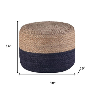 HomeRoots 18" Blue Jute Round Pouf Ottoman - Stylish, Multi-Functional Coastal Accent for Living Spaces & More 638505