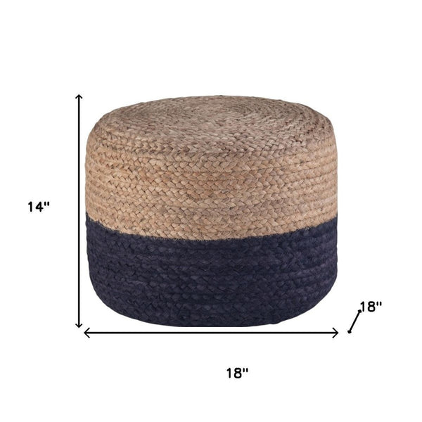 HomeRoots 18" Blue Jute Round Pouf Ottoman - Stylish, Multi-Functional Coastal Accent for Living Spaces & More 638505