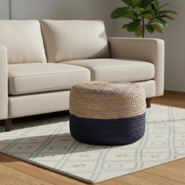 HomeRoots 18" Blue Jute Round Pouf Ottoman - Stylish, Multi-Functional Coastal Accent for Living Spaces & More 638505