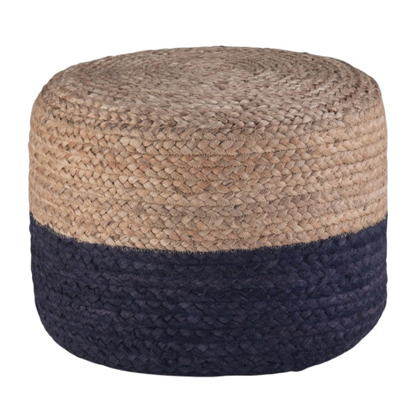 HomeRoots 18" Blue Jute Round Pouf Ottoman - Stylish, Multi-Functional Coastal Accent for Living Spaces & More 638505