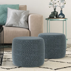 HomeRoots 20" Blue Cotton Round Pouf Ottoman - Versatile Accent for Comfort, Seating & Stylish Decor Update 638506