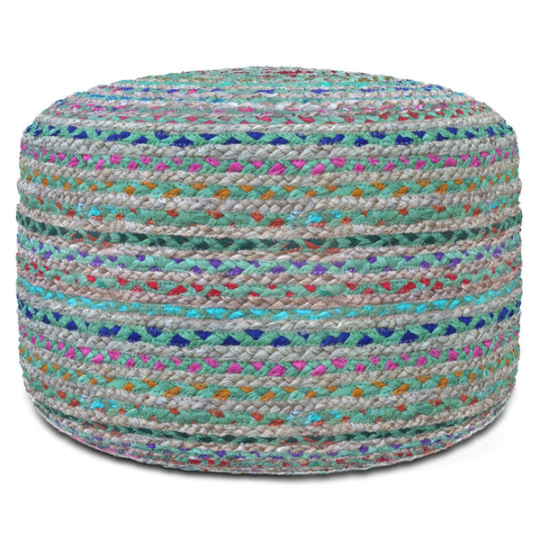 HomeRoots 20" Green Jute Round Pouf Ottoman – Stylish Bohemian Footrest, Extra Seat & Casual Décor Accent 638507