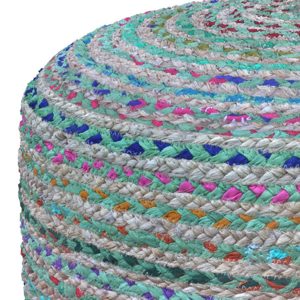 HomeRoots 20" Green Jute Round Pouf Ottoman – Stylish Bohemian Footrest, Extra Seat & Casual Décor Accent 638507